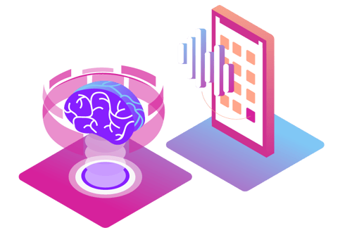 Illustration of a brain, representing AI, and a cell phone, representing the voice channel.