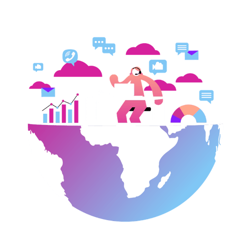 CC globe illustration of a contact center agent on globe