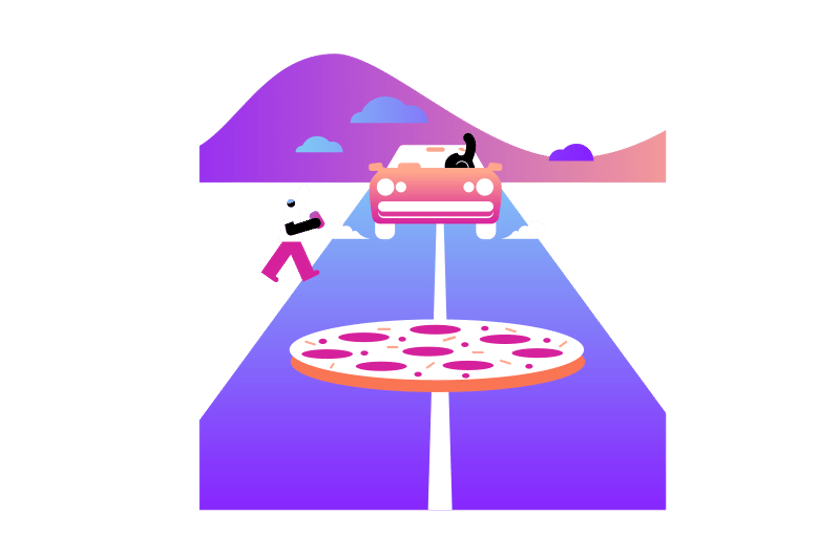 Novo Labs hero Illustration of pizza delivery service using app.
