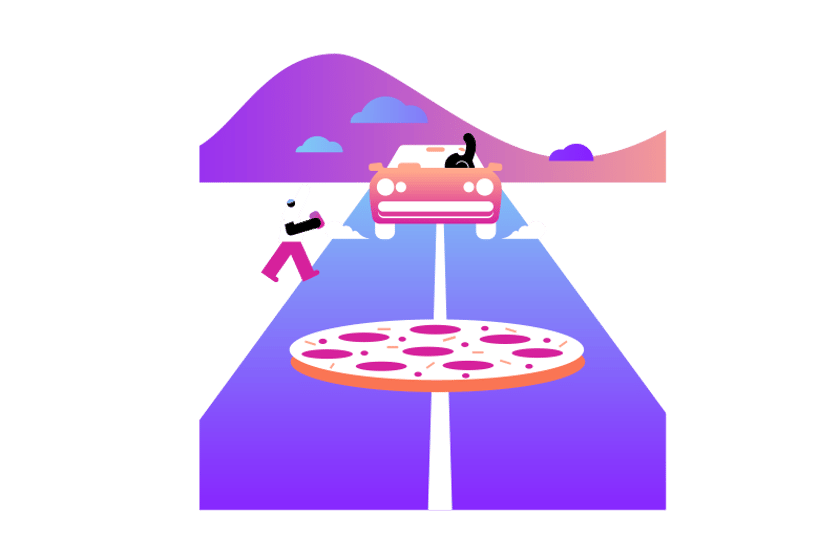 Illustration of pizza delivery service using app.