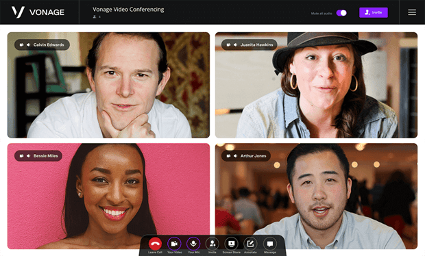 Call room team Interface of video conferencing screen with four individuals on it