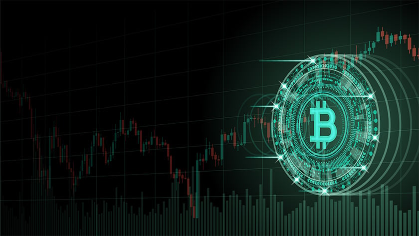 Graphisme présentant un graphique d'indice et le symbole du Bitcoin