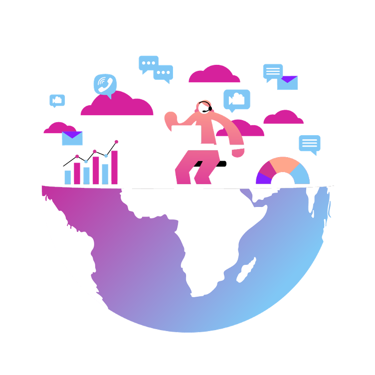 illustration of a contact center agent on globe